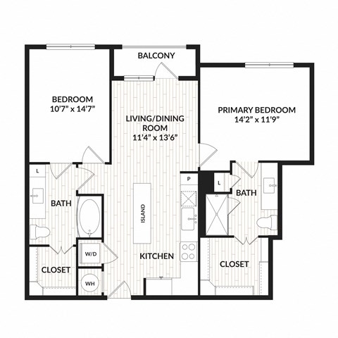 Floor plan for 2 beds, 2 baths, 1037 sqft